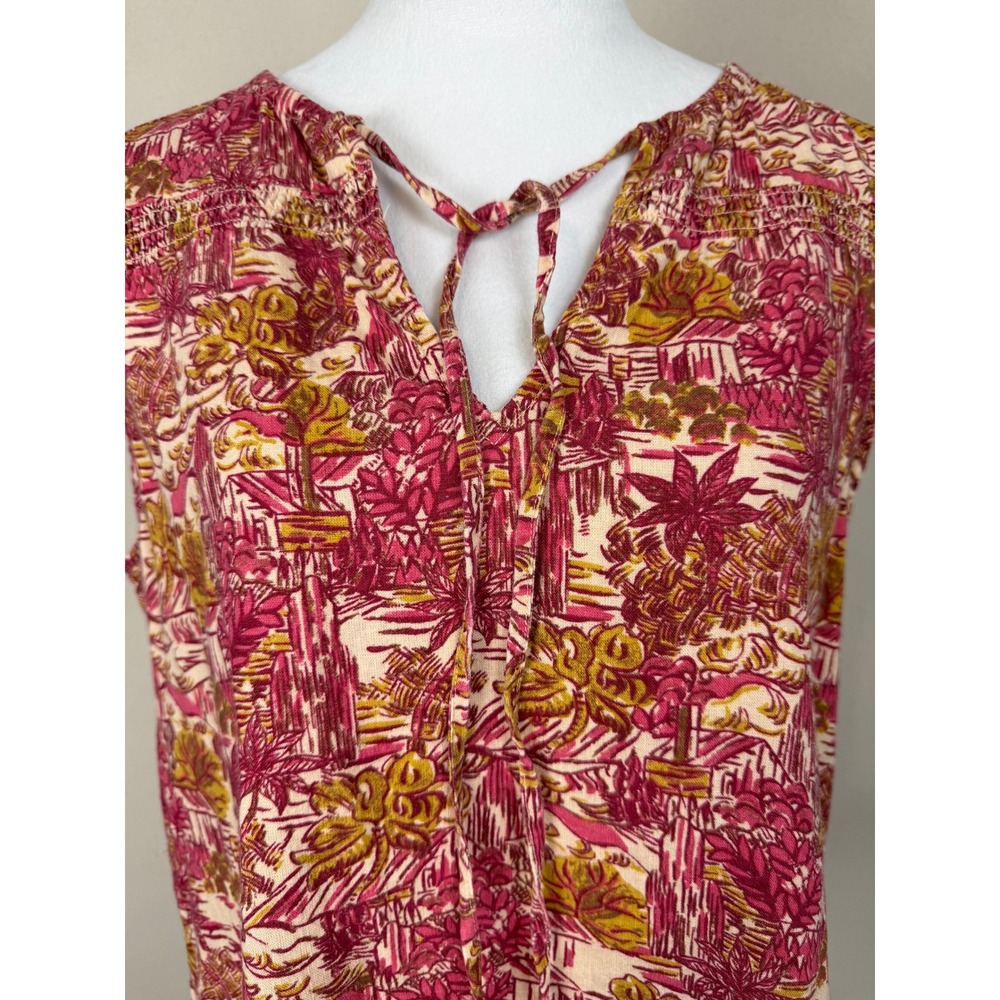 Joie Linen Blend Top Blouse M Tropical Scenic‎ Print Tie Neck Tank Top Coastal